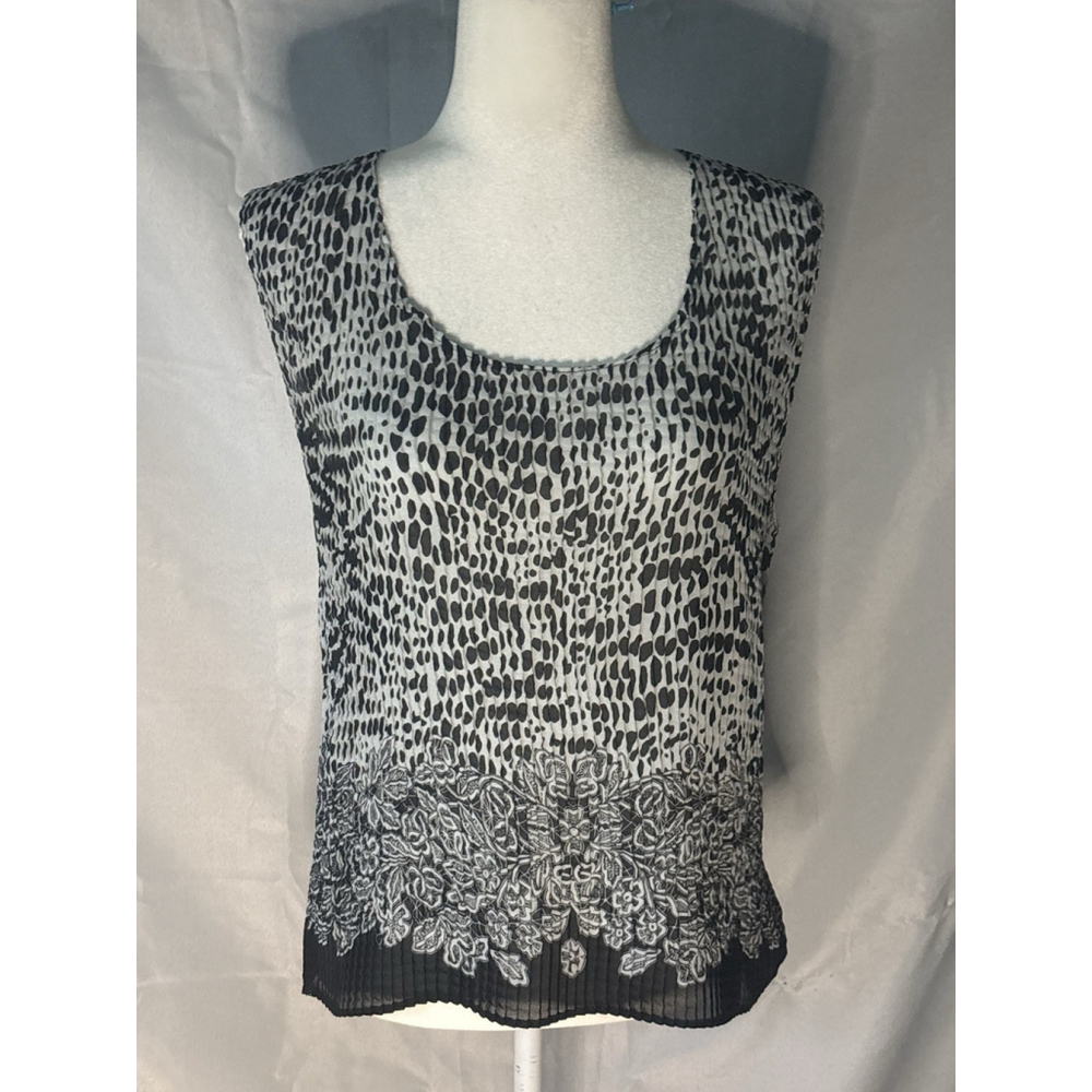 Pleated Animal Print Sleeveless Shell Stretchy Floral Border B/W Crinkle L/XL